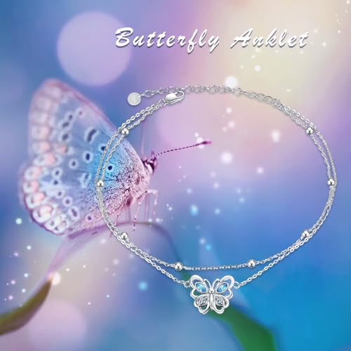 Image of POPLYKE 925 Sterling Silver Double Layered Chain Evil Eye Daisy Sunflower Butterfly Anklets for Women Holiday Beach Crystal Ankle Bracelet Dainty Evil Eye Jewelry