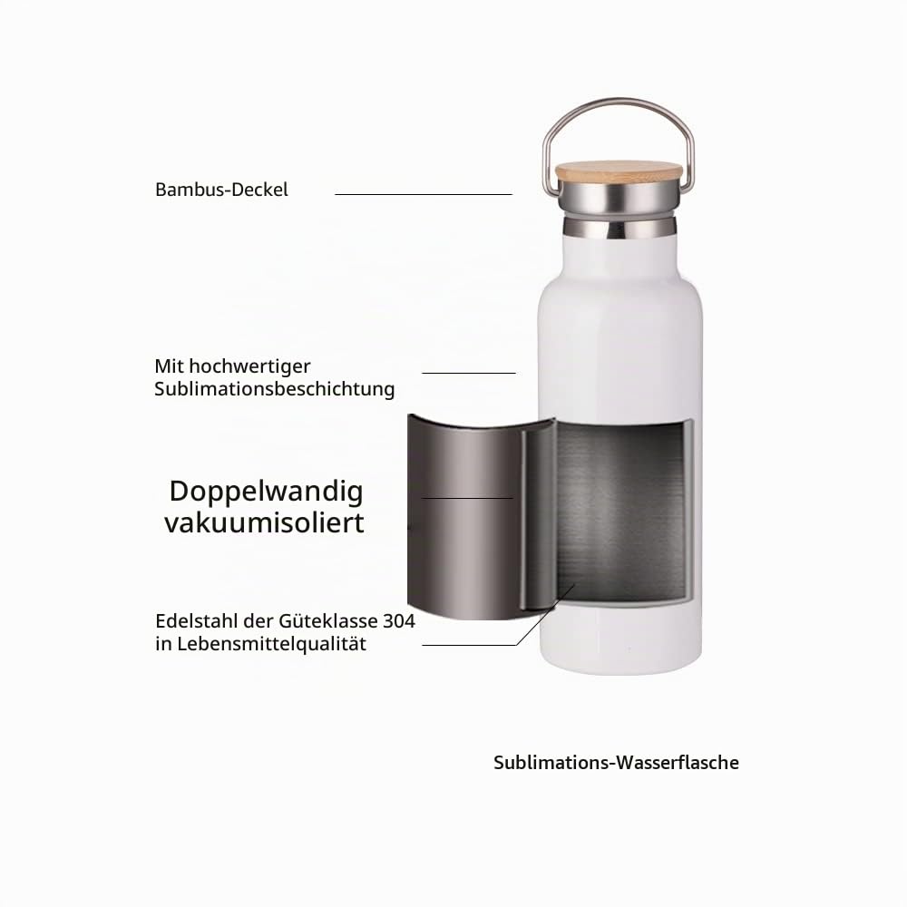 PYD Life Sublimationswasserflasche, Rohlinge, weiß, 480 ml, Edelstahl, Sportflasche, Vakuumflasche mit Bambusdeckel für Becher, Wärmepresse, Sublimationsdruck, 4 Stück