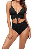 LA ORCHID Laorchid Zestaw bikini damski z wysokim stanem, strój kąpielowy dwuczęściowy, bikini push-up, wypełniony strój kąpielowy, dekolt w literę V, seksowny, Czarny, 68