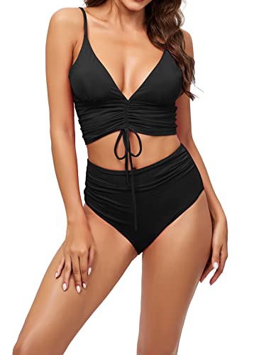 Bikini Damen Set,Badebekleidung Zweiteilig Mit Streifen Women's Halterneck Swimsuit Umstands Tankini Damen Tankini Set Mit Rock Tankini Oberteil Damen Sexy Bikini Schwarz, S Bikini