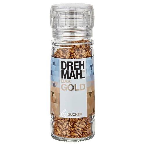 DREHMAHL© Mühle Aromazucker Das Gold (75g) | für Kaffee und Süßspeisen | Drehmühle mit dragierten Goldflocken mit feinherben Schokoladenraspeln