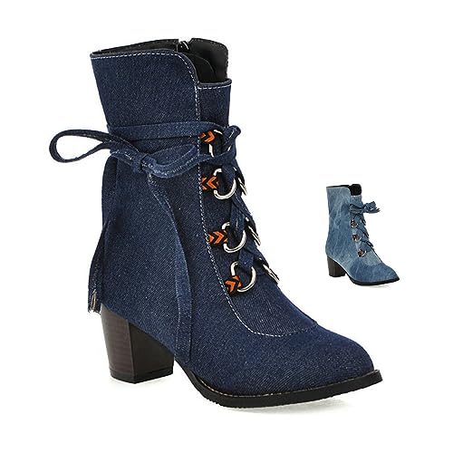 Women's Denim Lace up Mid-Calf Booties,Retro Chunky Heel Side Zipper Office Work Mid Heel Anti-Slip Bootie Winter Dress Chelsea Short Boots Classic Snow Boots