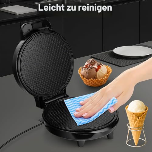 Foto von Hörnchenautomat für hauchdünne Waffeln, 1000 W, Waffeleisen für Kegel, Backfläche Ø 19 cm, antihaftbeschichtet, wärmeisolierender Griff, Kegel-Zubehör inklusive, Es ist schwarz