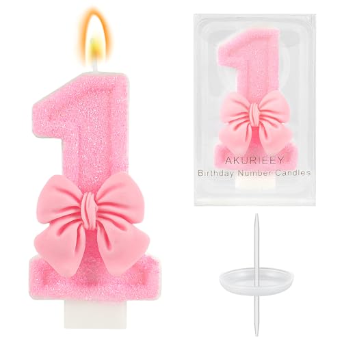 AKURIEEY Pink 1st Birthday Candle Bow Numbers 1 Candle Cake Topper Cupcake Decorations Party Decor for Girls and Women Anniversary Celebrations Supplies