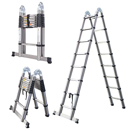 16.5Ft/5M Newest Stainless Steel Telescopic Extension Ladder 2-In-1 Folding A-Frame Or Straight Ladder With Hinges Stabilizer Bar Sturdy For Home Apartment Office Shed Warehouse 330Lb Max Load #TOP17