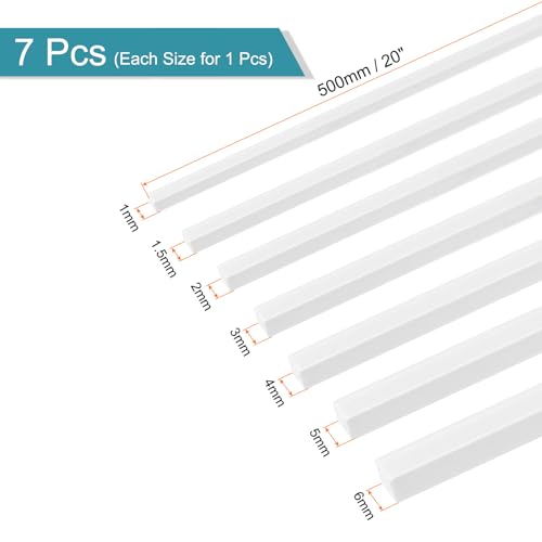 Image of MECCANIXITY 7pcs ABS Square Rod, Diameter 1mm to 6mm, Length 500mm, ABS Plastic Stick Solid Bar, White Plastic Rods Assortment Kit for DIY Architectural Model Building Making