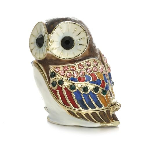 Vie jeune Hand Painted Enamel Owl Trinket Box, Hinged Unique Mini Ring Necklace Jewelry Organizer, Classical Bejeweled Storage, Figurine Collectible Keepsake Home Decor (Mini Owl)
