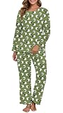 PrinStory Pyjama Damen Fleece Schlafanzug Lange Flanell Pyjama Rundhals Nachtwäsche Langarm Oberteil Und Weites Bein Hose (Cc Grünes Schaf, L)