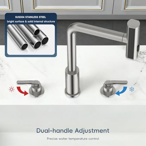 Image of Waterfall 4 Hole Kitchen Faucet with Soap Dispenser, Two-Handle 3 Modes Multifunctional Waterfall Faucet with Sprayer Stainless Steel Pull Down Kitchen Sink Faucets (Brushed Nickel)