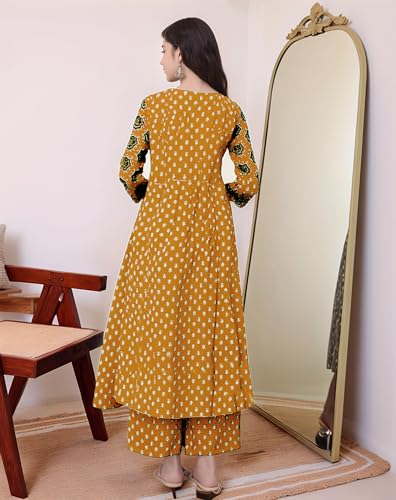 Image of ANNI Designer Women's Pure Cotton Anarkali Kurta Set for Women with Dupatta & Plazzo - Hand Block Print Suit Set | Stylish Dress | Cotton Kurta Set for Women