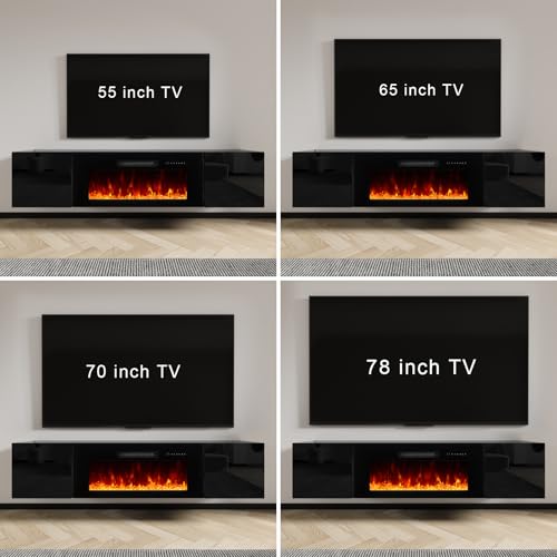 Image of AMERLIFE Floating TV Stand with 36 inch Electric Fireplace, High Gloss Finish Wall Mounted Fireplace Entertainment Center with Storage for TVs Up to 78 inch, Black