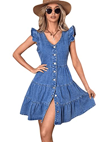 SweatyRocks Women's Cap Sleeve V Neck Button Front Dress A Line Ruffle Hem Denim Short Dresses