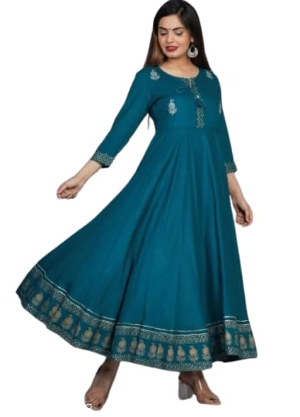Image of Women's Printed Rayon Anarkali Kurti with 3 /4 Sleeves - Perfect for Festive, Party