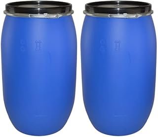 ITP Packaging Two Air Tight 120 Litre Plastic Blue Open Top Storage Shipping Barrel Drum Keg with Lid and Latch Ring, UN Approved, Food Grade for Shipping Food and Clothing