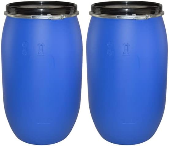 Two 220 Litre Blue Open Top Shipping Drums Un Approved complete with Lid and Latch Ring, Air Tight Ideal For Storage Transport and Export Pet Food, Grain, Vegetables, Fruit & Clothing