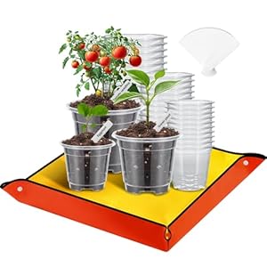 Mactoou 30 stuks plantenpotten met verpotmat, 8,9cm 10,2cm 12,7cm zaaipotten met gaten, heldere Kweekpotten met 20 stuks plantenlabels, 66cm x 66cm Plant Verpot Mat voor Binnen en Buiten
