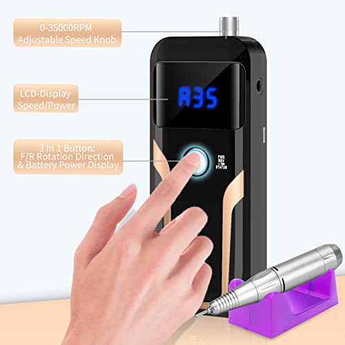 Portable Nail Drill Professional 35000 RPM, Rechargeable Electric Nail File Machine E File for Acrylic Nails Gel Polishing Removing, Cordless Efile with Bits Kit for Manicure Salon Home, Black - Thumbnail 7