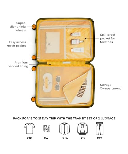 Image of MOKOBARA Transit Ultimate Travel Combo - Polycarbonate Cabin & Checkin Luggage Set with Silent Wheels Lock (Green) with 6-Piece Packing Cube Organizer Set, Shoe Bag & Toiletry Pouch for Travel (Green)