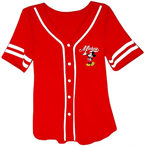 Disney Ladies Mickey Mouse Fashion Shirt - Ladies Classic Mickey Mouse Clothing Mickey Mouse Baseball Jersey Tee (Red Baseball, Medium)