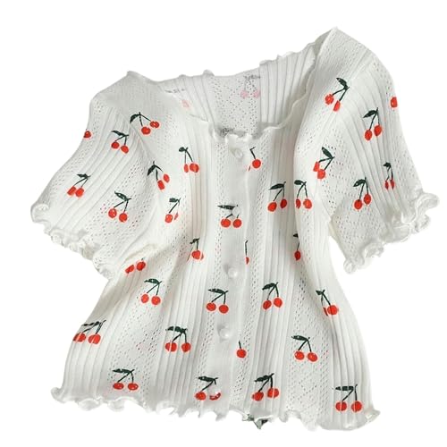 SHANBOYU Maglietta Maniche Corte Donna Donne Magliette con Stampa Ciliegia Maniche Corte A Petto A Petto A Pezzi A Pezzi Gusti Golf di Camicie Dolci-Bianco-Taglia Unica