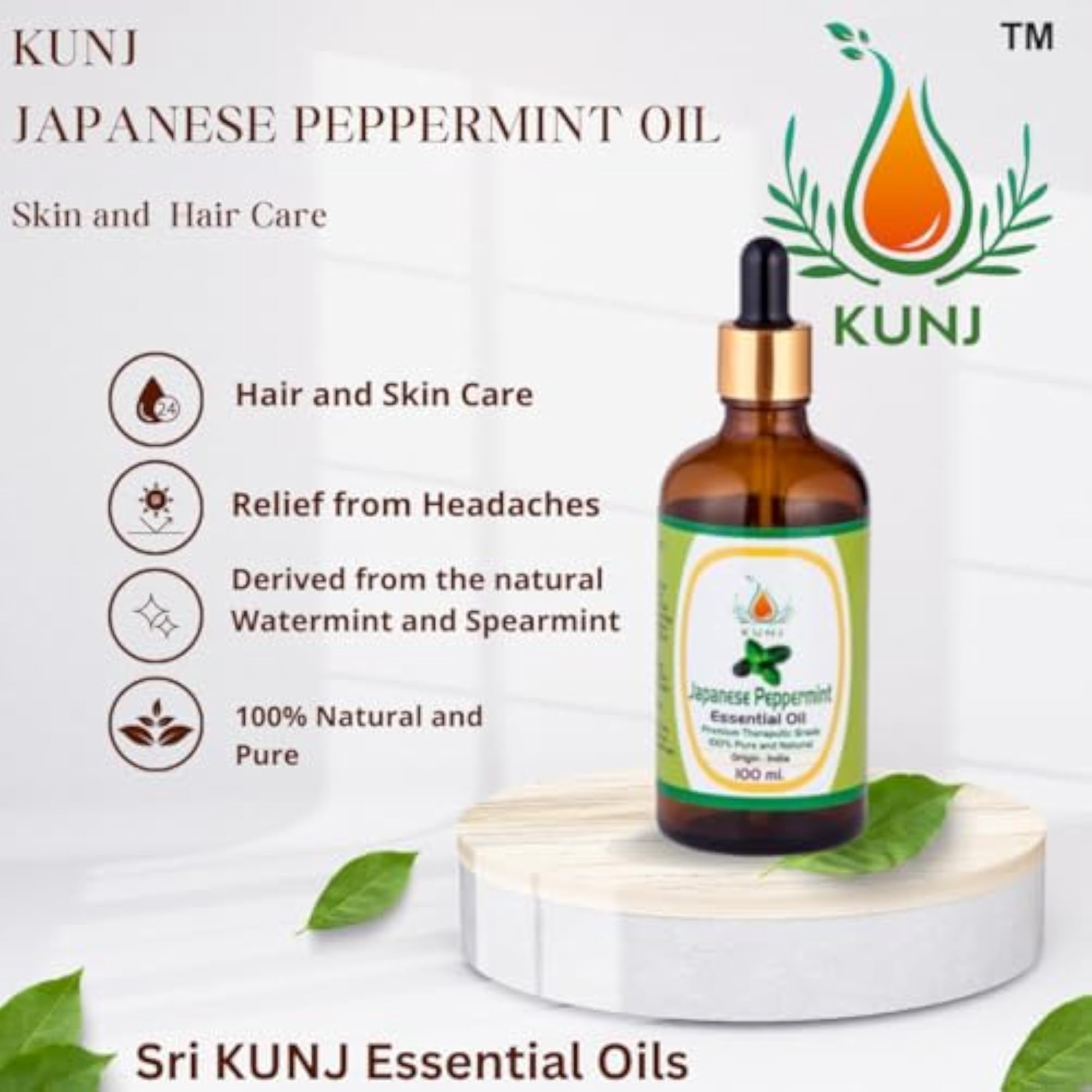 KUNJ Japanese Peppermint Essential Oil for Hair, Skin & Diffuser
