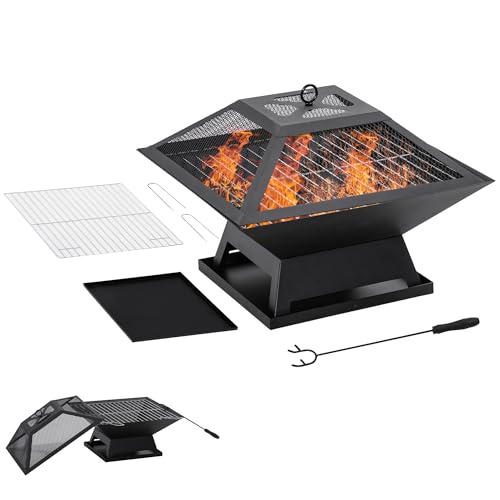 Outsunny Feuerschale 45 x 45 x 34cm aus Edelstahl Feuerstelle mit Funkenschutz Schürhaken Feuerschalen Feuerkorb für Garten, Balkon, BBQ Camping Schwarz