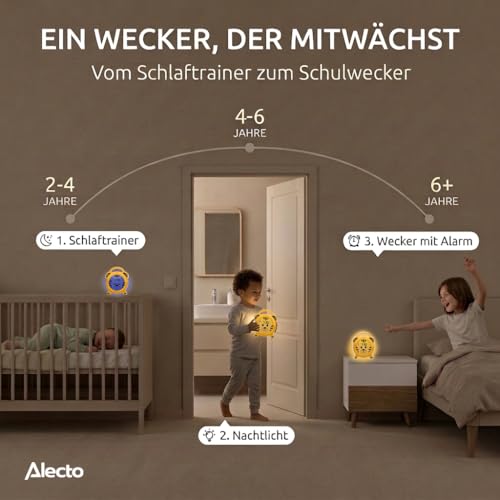 Alecto Monkey Wecker Kinder - Kinderwecker USB Aufladbar - Kinder Wecker mit Nachtlicht - Schlaftrainer (Gelb)