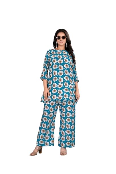 Women Floral Printed Rayon Cotton Kurti & Palazzo Co-Ord Set | Casual Ethnic Wear | Straight Fit Kurta with Wide Leg Pants-image-22