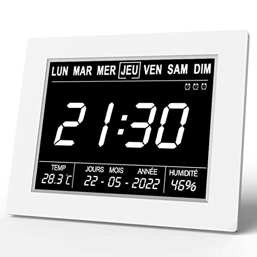 Hiseeyo-8 Pouces Prééminents Horloge Calendrier Numérique, Horloges Altérée de Démence pour Les Personnes Âgées Perdues De Mémoire, Grand Affichage Silencieux Reveil avec Humidité et Température.