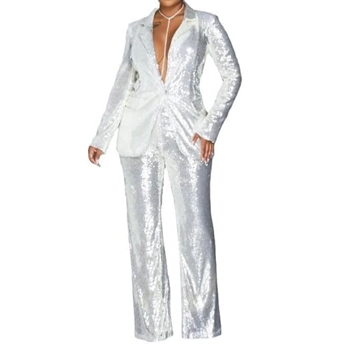 Women Suits 2 Piece Set Sequins Long Sleeve Blazer Sets Women 2 Piece Outfits High Waist Glitter Pants Suit Partywear Silver