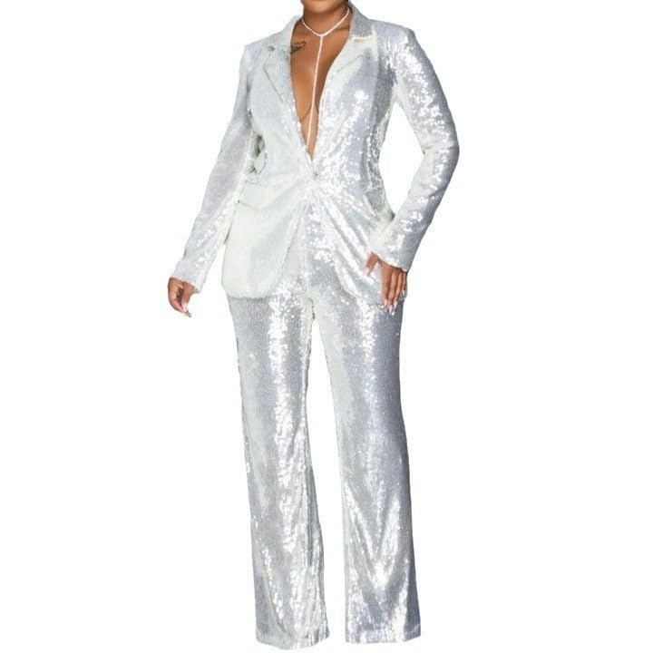 Women Suits 2 Piece Set Sequins Long Sleeve Blazer Sets Women 2 Piece Outfits High Waist Glitter Pants Suit Partywear