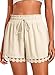 Mnking Shorts Damen Sommer Kordelzug Badeshorts Cover Up Elastisch High Waist Kurze Hose Leicht Atmungsaktiv Strandshorts mit Spitzenbesatz für Pool Strand Urlaub KZ8528W-Beige-M
