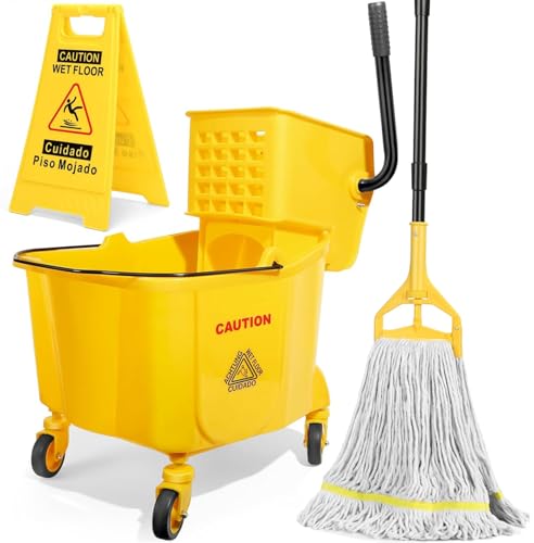 38 Qt Commercial Bucket with Side Press Wringer on Wheels, Yellow Industrial Set for Floor Cleaning,...
