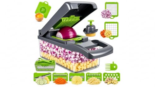 Vegetable Chopper, Onion Dicer & Mandoline Slicer with Container, Grey | Veggie Cutter with 8 Stainless Steel Blades & Drain Basket. Fast Food Chopper for Salad, Potato, Tomato, Cucumber & Carrot