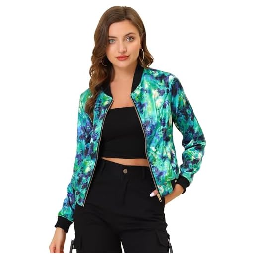 Allegra K Día de San Patricio Chaqueta De Bombardero Floral Ligera Con Cremallera Y Cuello Alto Para Mujer Verde S