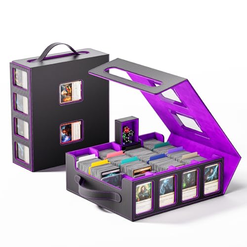 Image of Trading Card Storage Box - 3500+ Magnetic MTG Deck Box with Handle,Commander & Toploader Display, Dice Box,4 Dividers & 30 Color Labels-Fits for TCG,MTG,Yu-Gi-Oh and Sport cards(Black /Purple)