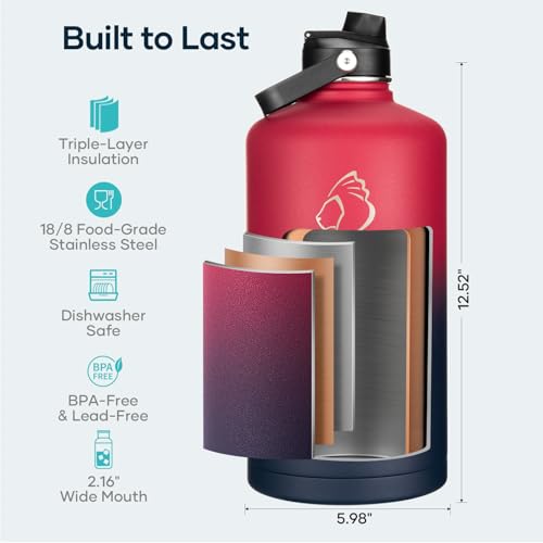 Image of BUZIO 1 Gallon Water Bottle Insulated with Dust-Proof Straw & Spout Lids