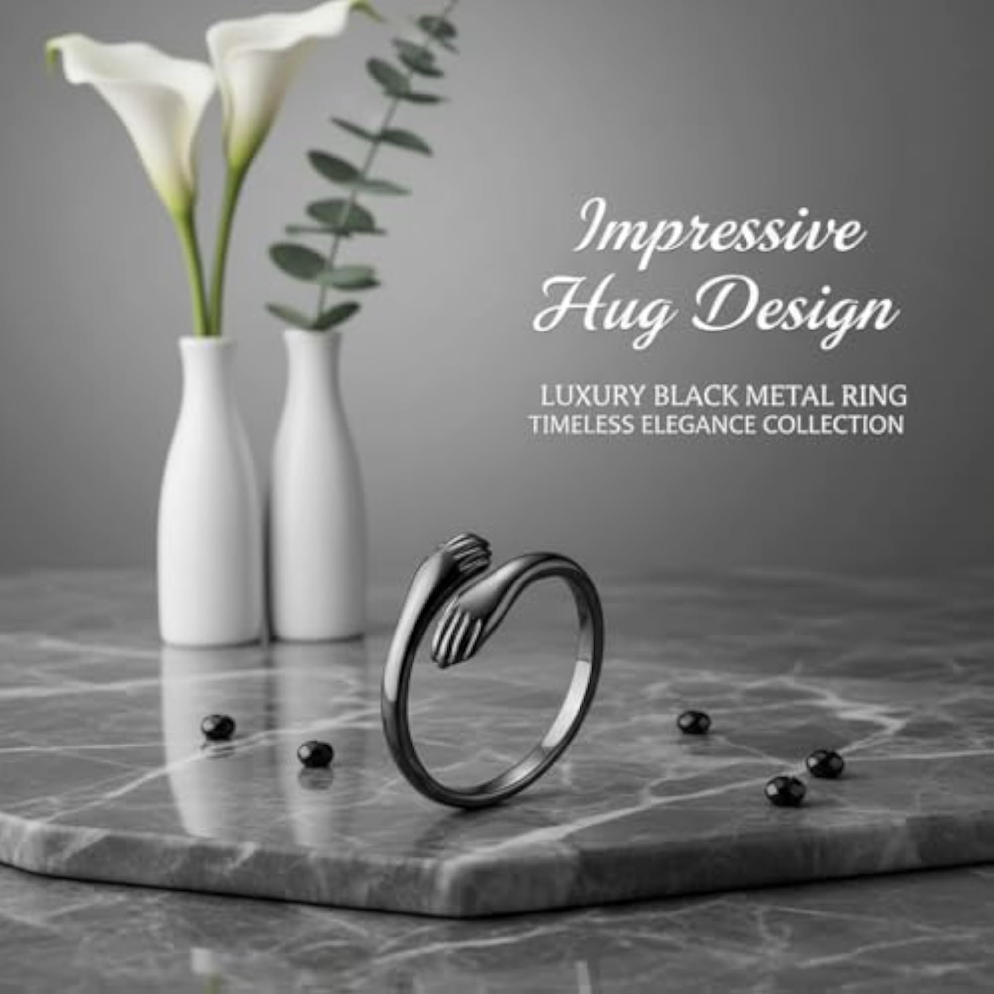 Hug Design Adjustable Ring, Black Stainless Steel, Unisex