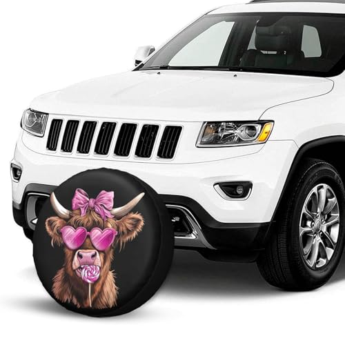 Image of Highland Cow Pink Heart Glasses Lollipop Bow Valentine Spare Tire Cover Wheel Protectors Dust-Proof Sun Protection Wheel Tire Covers Universal Fit for Truck SUV RV Camper Trailer 16 inch