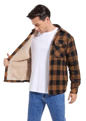 Image of Men's Sherpa Cotton Flannel Shirt Jacket Plaid Button Coat Pocket