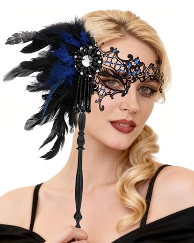 Zinniday Masquerade Mask with Stick Black Blue 2026 Elegant Venetian Antique Metal Masks with Detachable Feather Carnival Decorations for Women Men Prom Renaissance Halloween Costume Cosplay