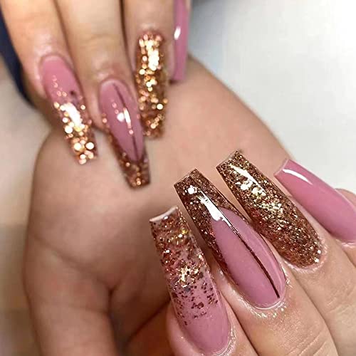 Press on Nails Long Coffin Fake Nails with Nail Glue French Tip Gold Glitter Full Cover Stick on Nails Pink Exquisite Frosted Design Acrylic Press on False Nails Nail Tips for Women Girls 24 PCS