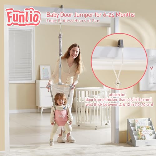 FUNLIO 2-in-1 Baby-Türspringer mit Türklemme und Laufgurt für 6-24 Monate. Stabiler Sprungmechanismus mit verstellbarem Gurt, einfach zu montieren und zu verstauen - Rosa