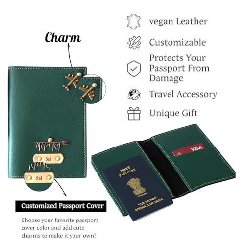 Image of Personalised All in One Men's Combo Gift (4 pcs) Customized Leather Wallets, Key Chain, Eyewear Case and Passport Cover with Name | Best Gift for Brother, Husband, Boyfriend, Father (Green)