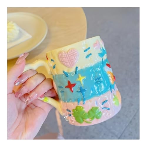 Parche De Contraste Cerámica Amasado A Mano Color Macarrón Femenino Taza Linda Desayuno Avena Agua Leche Té Oficina En Casa Café 500 Ml Pareja (Estilo A,500Ml)