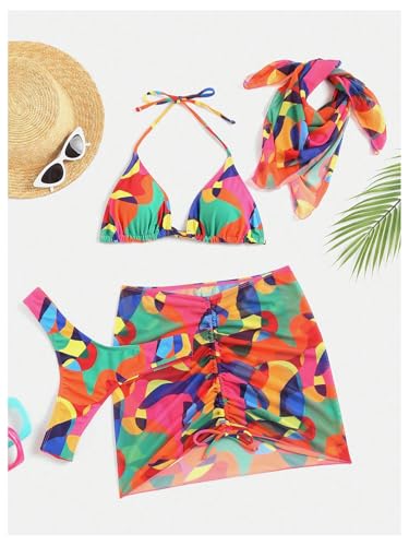 Image of RoseSeek Women's 4 Piece Polka Dots Bathing Suits Cover Up Skirt & Bandana | Halter Bikini Sets, Sexy Bathing Suit, Beach Skirt, Leopard, Paisley, Tropical, Summer