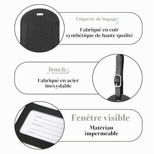 4 Pcs Porte Etiquette Valise Voyage Avion, Etiquettes à Bagage, Étiquette Bagage, Étiquettes Bagages en Cuir avec Protection de Confidentialité et Sangles Réglables pour Croisière Voyage – vue 3