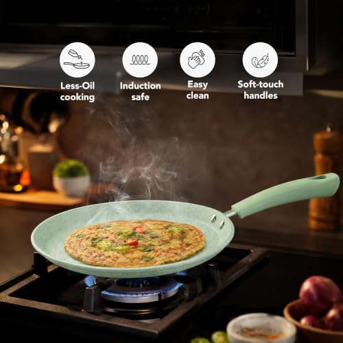 Image of MILTON Pro cook Induction & Gas Friendly KFCC Ceramic Non-Stick Omni Tawa 26 cm | Premium South Korean Coating Dosa Tawa| Flat Tawa| PFOA & PFAS Free | Healthy Low-Oil Cooking | 2Y Warranty | Green