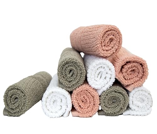 Image of PH Pleasant Home Ribbed Wash Cloths Set - 12 Pack (12 inch x 12 inch) - 509 GSM - 100% Ring Spun Cotton Wash Cloth - Super Soft and Highly Absorbent Face Towels (Blush,White & Tan)