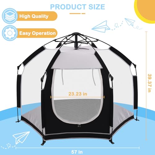 Baby Playpen with Canopy, Portable Mesh Play Yard Indoor and Outdoor, Pop Up Toddler Playpen with Dome, Lightweight Foldable Playspace for Home, Beach and Park, Black - Thumbnail 2